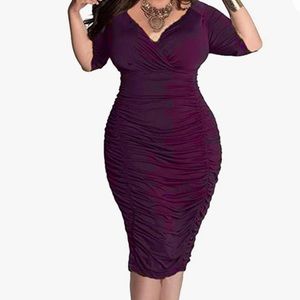 Purple ruched scrunch butt dress curvy silky sheath fitted tight Pinup Doll O2
